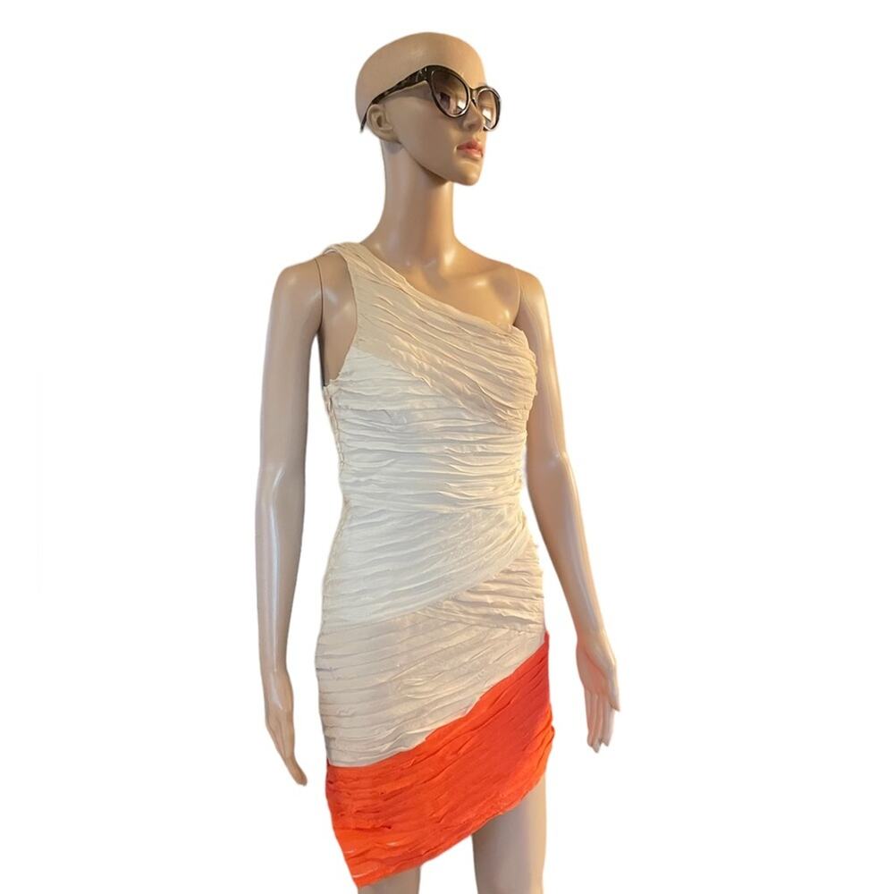 Bebe Kardashian Bodycon Small Cocktail Pin Tucked Silk Asymmetrical Ombre Orange